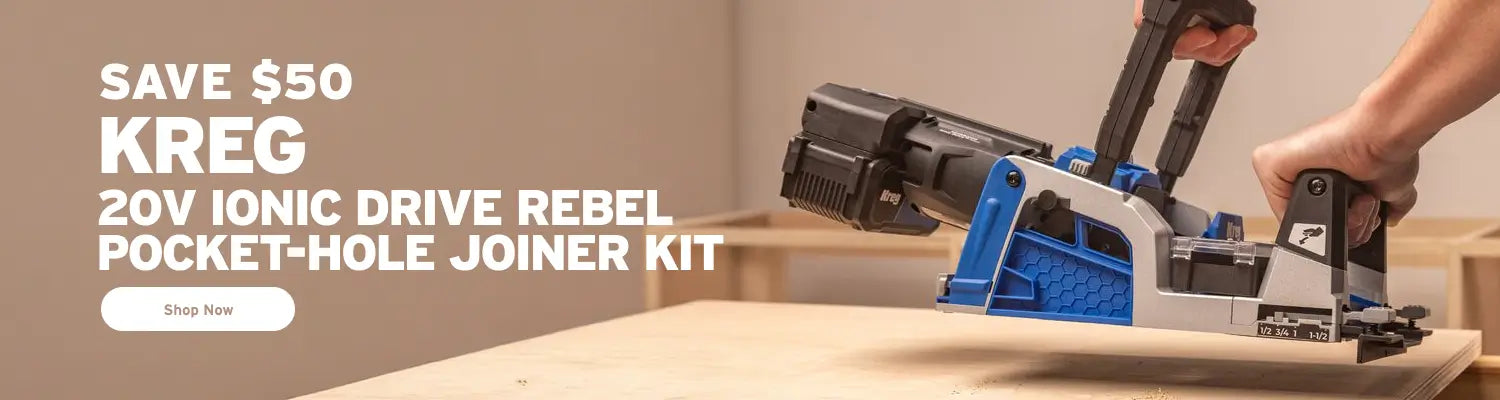 Kreg 20V Ionic Drive Rebel pocket-hole joiner kit being used on a wooden surface with promotional text.