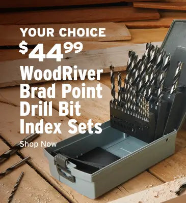 WoodRiver Brad Point Drill Bit Index Set on a wooden surface with text promoting the product.