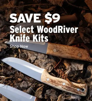Two WoodRiver knife kits on a leafy background with promotional text overlay.