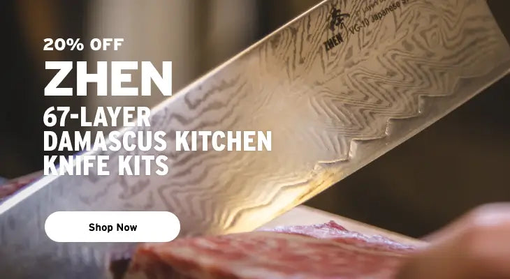 Zhen Damascus kitchen knife with promotional text overlay on a dark background