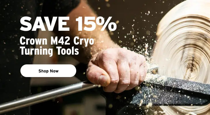Person using a turning tool with text promoting Crown M42 Cryo Turning Tools and a 15% discount.