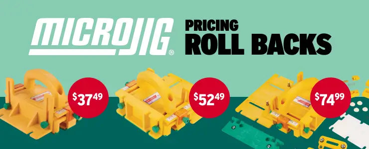 MicroJig pricing rollback advertisement with yellow jig tools and price tags on a green background.