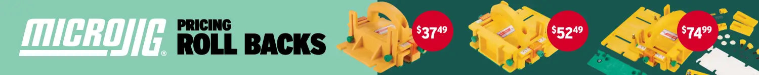 MicroJig pricing roll backs with product images and price tags.