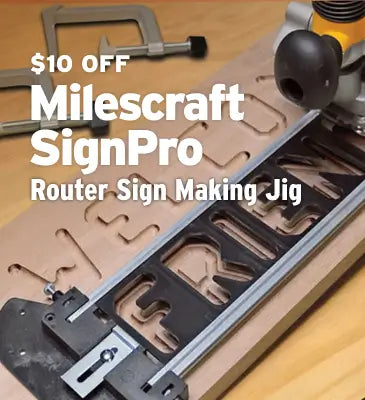 Milescraft SignPro router sign making jig on a wooden surface with promotional text overlay.