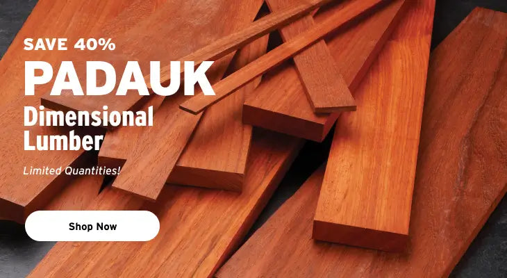 Padauk dimensional lumber with promotional text and a 'Shop Now' button.