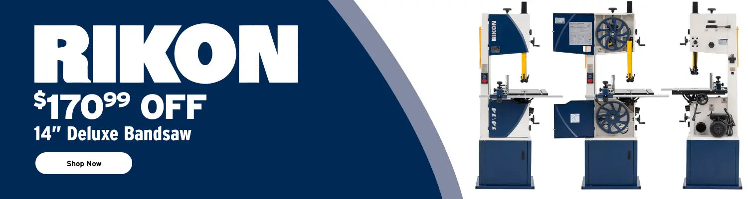 Advertisement for Rikon 14-inch deluxe bandsaw with a $170.99 discount offer.