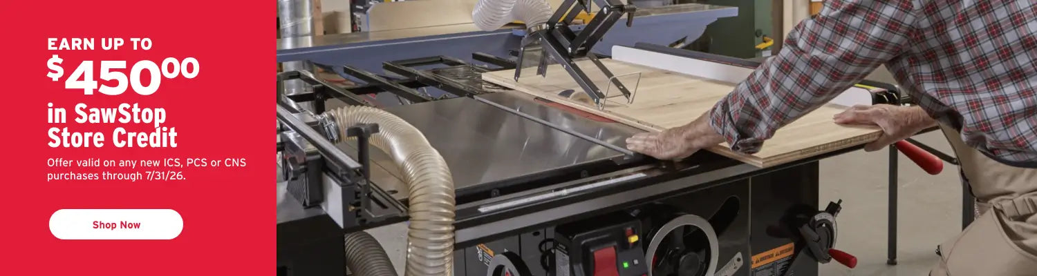 Person using a table saw with a promotional banner for SawStop store credit on the left.