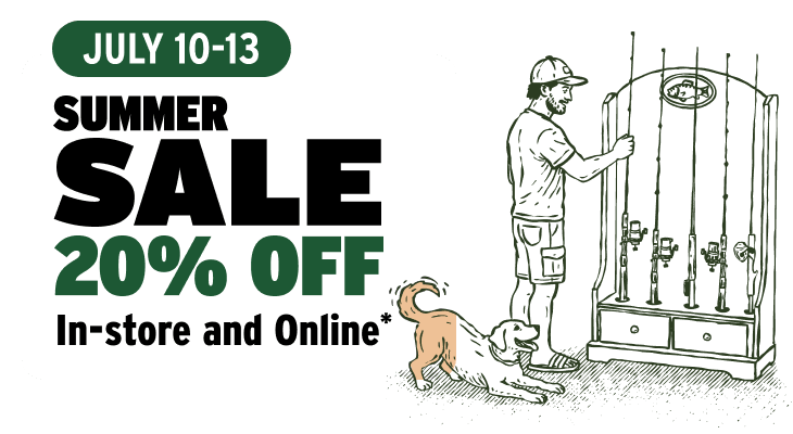 Promotional sale graphic for July 10-13 with large text reading 'SUMMER SALE 20% OFF In-store and Online' and a hand-drawn illustration of a man standing by a fishing rod display stand with a dog nearby.