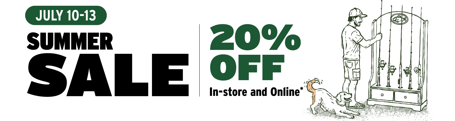 A promotional banner for a summer sale, featuring the text 'JULY 10-13 SUMMER SALE 20% OFF In-store and Online' alongside a black-and-white line drawing of a man with a dog next to a display case.