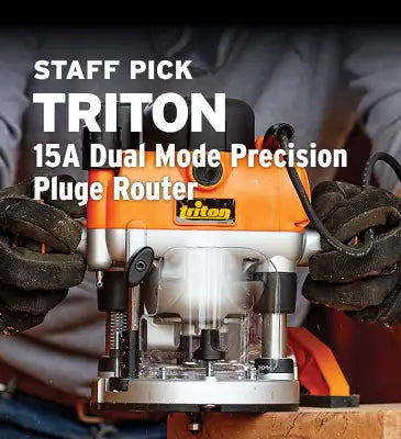 Triton 15A Dual Mode Precision Plunge Router with gloves on a wooden surface