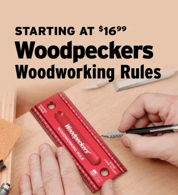 Woodpeckers woodworking ruler with text on a wooden background