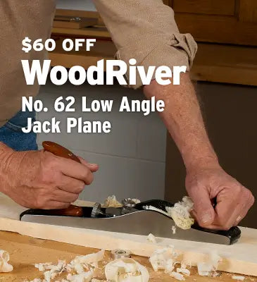Person using a WoodRiver No. 62 Low Angle Jack Plane on a wooden surface with promotional text overlay.