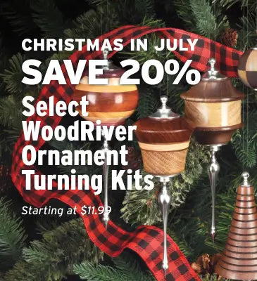 Advertisement for WoodRiver ornament turning kits with Christmas tree and red plaid ribbon.