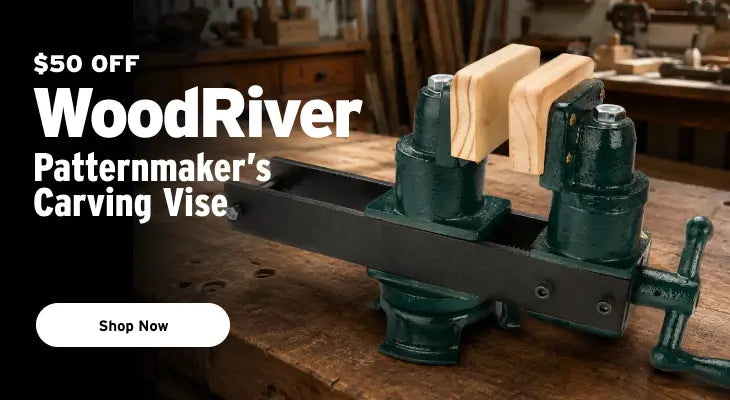 WoodRiver Patternmaker's Carving Vise on a wooden surface with promotional text.