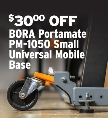 Promotional graphic for a BORA Portamate PM-1050 Small Universal Mobile Base, showing a close-up of the gray metal base, black caster wheel, and orange handle with large white text overlay reading '$30.00 OFF'.