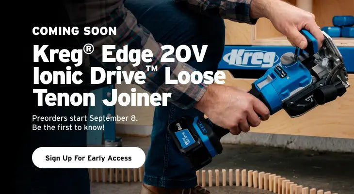Coming soon promotional graphic for the Kreg Edge 20V Ionic Drive Loose Tenon Joiner, showing a person in jeans holding a blue and black cordless power tool in a workshop setting with large white text overlay.