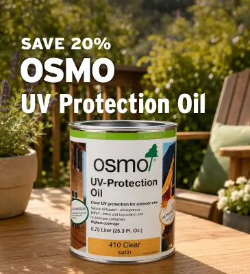 A can of OSMO UV-Protection Oil sits on a wooden table in an outdoor patio setting with a blurred garden and chairs in the background. Large white promotional text at the top reads 'SAVE 20% OSMO UV PROTECTION OIL'.
