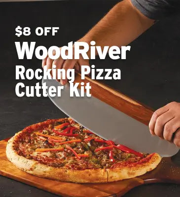 A person using a large metal pizza cutter on a wooden board with a pizza, with promotional text reading '$8 OFF WoodRiver Rocking Pizza Cutter Kit' over a dark background.