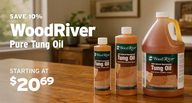 Three WoodRiver Pure Tung Oil containers displayed on a wooden table in a home interior setting, with promotional text overlay on the left.