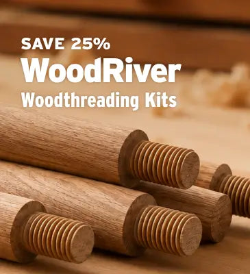 Several wooden threading tools with threaded shafts are arranged on a wood surface. Large overlaid text reads 'SAVE 25% WoodRiver Woodthreading Kits.
