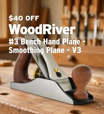 A WoodRiver #3 Bench Hand Plane, smoothing plane V3, shown on a wooden workbench with a blurred workshop background. Prominent text overlay reads '$40 OFF WoodRiver #3 Bench Hand Plane - Smoothing Plane - V3'.