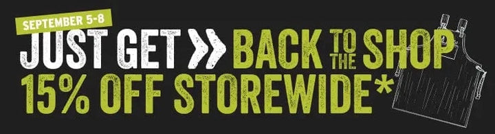 Promotional banner with text 'Just Get Back to the Shop 15% Off Storewide' on a black background.