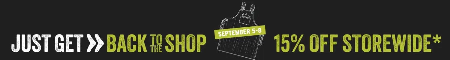 Promotional banner with text 'Just get back to the shop, 15% off storewide' on a black background.