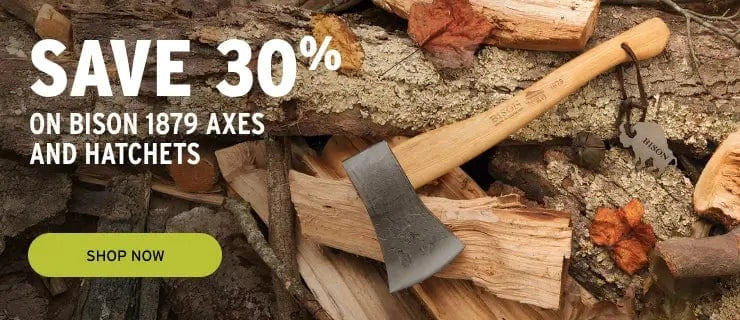 Advertisement for Bison 1879 Axes and Hatchets with a discount offer on a wooden background.