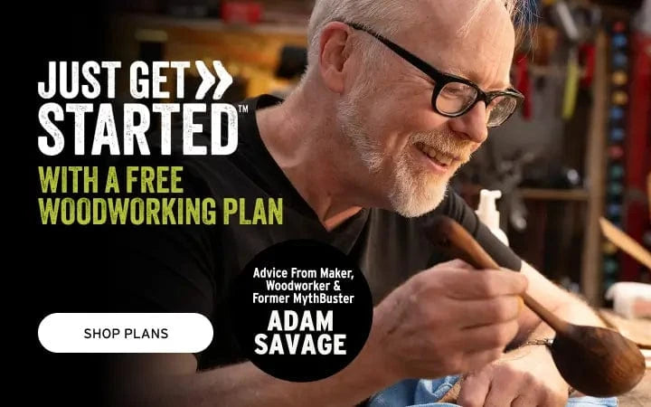 Man working with wood in a workshop, promoting a woodworking plan by Adam Savage.