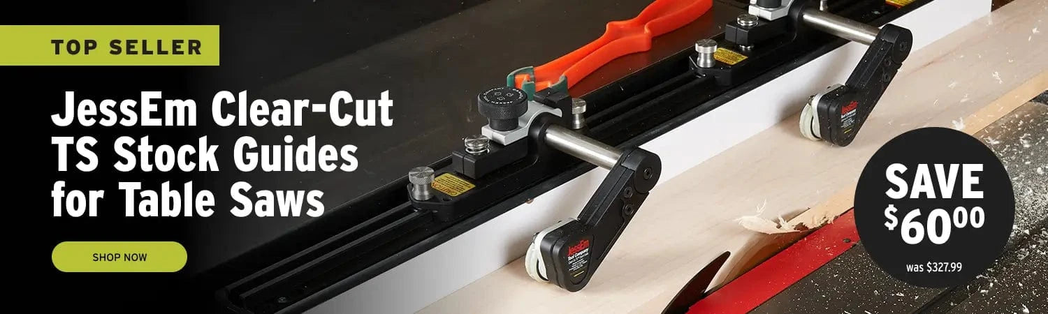 JessEm Clear-Cut TS Stock Guides for Table Saws with a discount offer on a promotional banner.