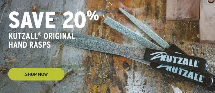 Kutzall hand rasps on a rustic background with promotional text.