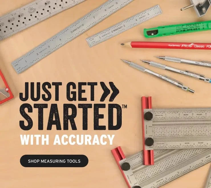 Measuring tools including rulers and pencils on a beige background with promotional text.