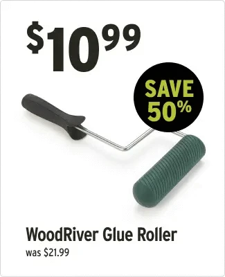 WoodRiver Glue Roller with price and savings information on a white background