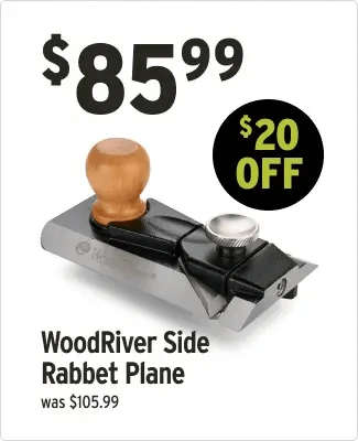 WoodRiver Side Rabbet Plane with price and discount information on a white background