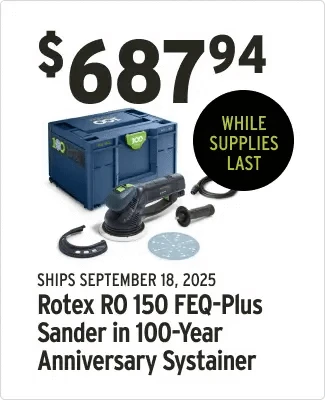 Advertisement for Rotex RO 150 FEQ-Plus Sander in a 100-Year Anniversary Systainer with pricing and shipping information.