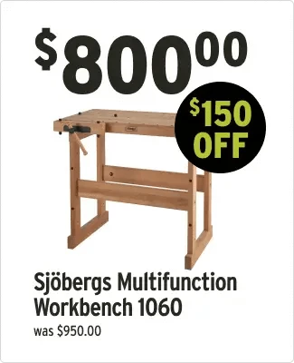 Sjöbergs Multifunction Workbench 1060 with price and discount information on a white background