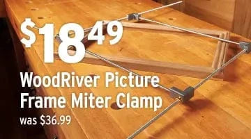 WoodRiver Picture Frame Miter Clamp on a wooden surface with price tag.