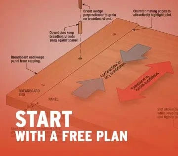 Woodworking diagram with text 'Start with a free plan' on an orange background