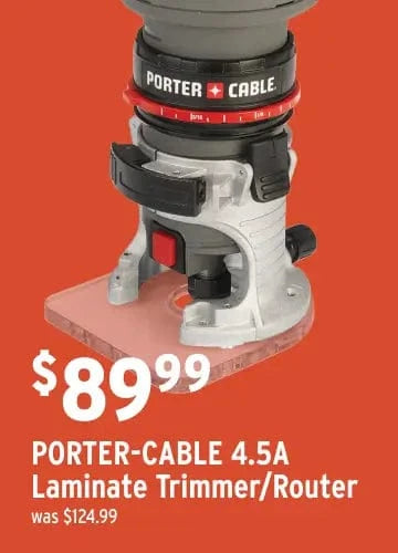 PORTER-CABLE laminate trimmer/router on an orange background with price and promotional text.