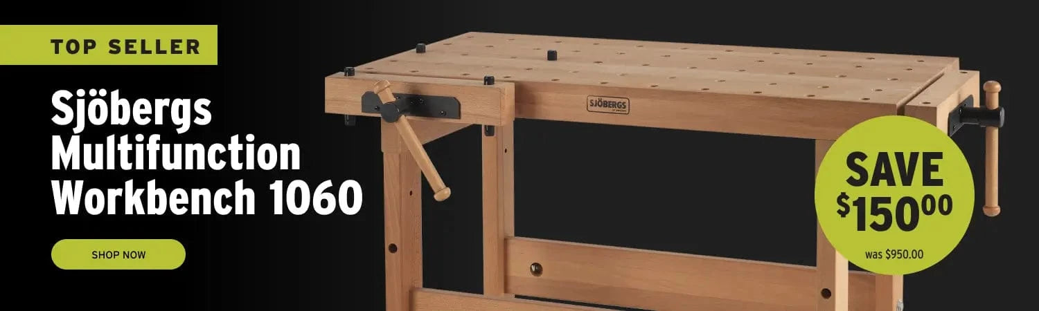 Sjöbergs Multifunction Workbench 1060 with promotional text on a black background