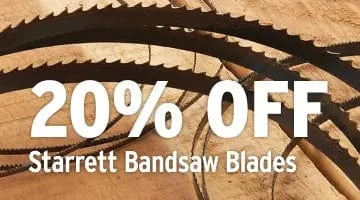 Bandsaw blades with a 20% off discount text overlay on a wooden background