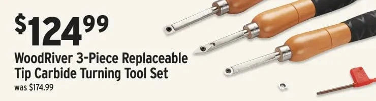WoodRiver 3-Piece Replaceable Tip Carbide Turning Tool Set with price tag on a black background