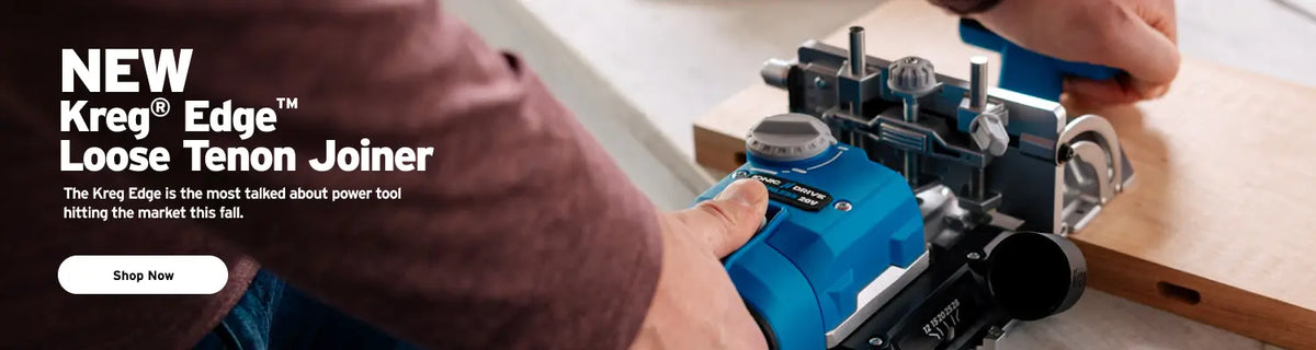 A person using a blue Kreg Edge Loose Tenon Joiner power tool on a piece of wood in a workshop setting. The image includes promotional text on the left side reading 'NEW Kreg Edge Loose Tenon Joiner' and a 'Shop Now' button.