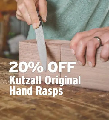 A person using a hand rasp on a piece of wood, with large white text overlay reading '20% OFF Kutzall Original Hand Rasps' on a workshop background.