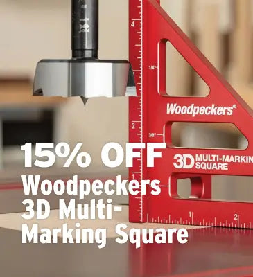 A red Woodpeckers 3D Multi-Marking Square shown in a workshop setting next to a drill bit, with large promotional text overlay reading '15% OFF Woodpeckers 3D Multi-Marking Square'.