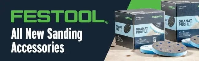 Festool sanding accessories with boxes and sandpaper on a wooden surface, against a dark blue background.