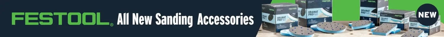 Festool banner advertising new sanding accessories with a green and black color scheme.