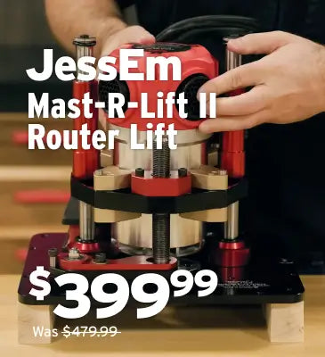 A person's hands are shown adjusting a red and black JessEm Mast-R-Lift II Router Lift on a router base. Large white text overlays display the product name 'JessEm Mast-R-Lift II Router Lift' and the price '$399.