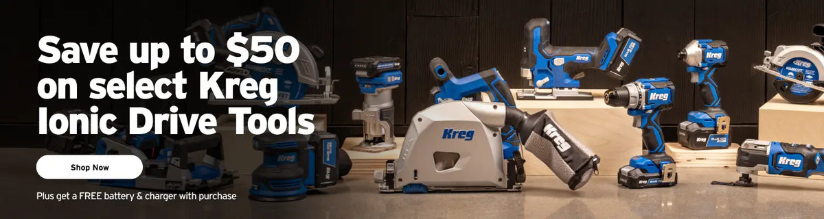 Promotional banner for Kreg Ionic Drive Tools showing multiple cordless power tools in blue, black, and silver on a dark studio background with large sale text on the left.