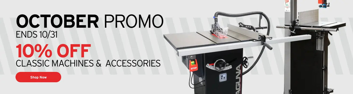 Promotional banner for a table saw offer, featuring a black and silver table saw with a circular saw attachment on a light gray background with text reading 'OCTOBER PROMO ENDS 10/31 10% OFF CLASSIC MACHINES & ACCESSORIES'.